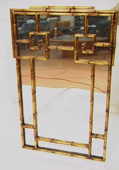 La Barge Decorator Gilt Metal Mirror. Asian Styl: La Barge Decorator Gilt Metal Mirror. Asian Style faux bamboo. Model 1517. Labeled.-- Dimensions: H: 45.5 inches: W: 29 inches --- Condition (General): Very Good Condition. Please contact us with spec