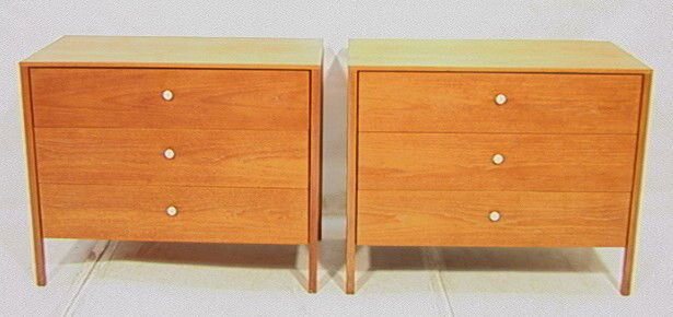 Pair Knoll Chest Dressers with White Pulls Squar: Pair Knoll Chest Dressers with White Pulls Square Frame. Unmarked. 3 Drawer.-- Dimensions: H: 29.5 inches: W: 37 inches: D: 19.5 inches --- Condition (General): Some finish wear and some stains. Pleas