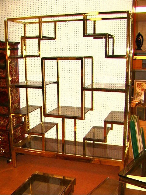 Mastercraft Attributed Etagere Shelf. Square Bra: Mastercraft Attributed Etagere Shelf. Square Brass frame with Smoked Glass Shelves. Large.-- Dimensions: H: 80 inches: W: 59.75 inches: D: 19.5 inches --- Condition (General): Very Good Condition. Ple