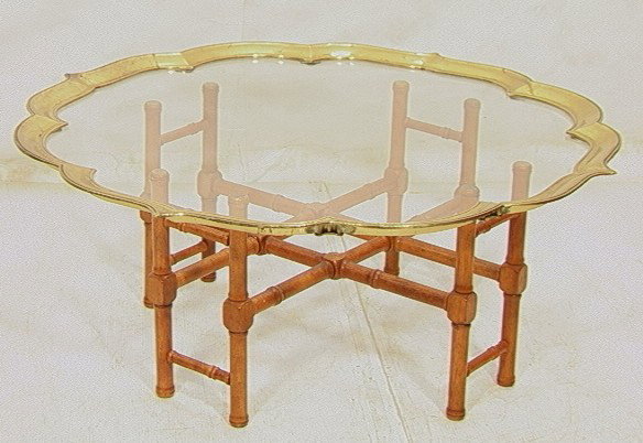 Baker Style Brass and Glass Tray Top Coffee Cockt: Baker Style Brass and Glass Tray Top Coffee Cocktail Table. Faux bamboo style wood base.-- Dimensions: H: 16.5 inches: W: 42 inches --- Condition (General): some discoloration to brass. Please contact