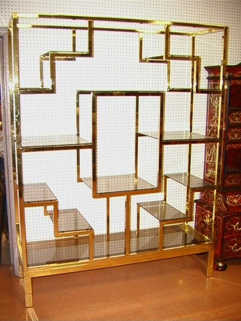Mastercraft Attributed Etagere Shelf. Square Bra: Mastercraft Attributed Etagere Shelf. Square Brass frame with Smoked Glass Shelves. Large.-- Dimensions: H: 80 inches: W: 59.75 inches: D: 19.75 inches --- Condition (General): Very Good Condition. Pl