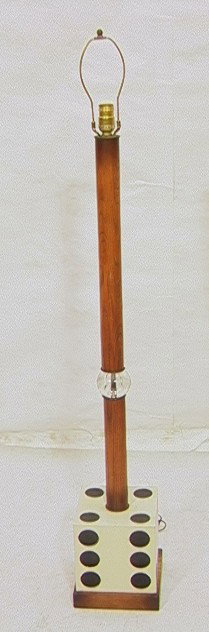 Roll of the Dice Floor Lamp. Wood column on meta: Roll of the Dice Floor Lamp. Wood column on metal dice base. -- Dimensions: H: 52 inches: W: 8 inches --- Condition (General): little wear to paint. Please contact us with specific questions about con