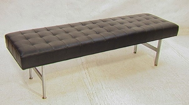 Modernist Tufted Vinyl Bench with Chrome Base. U: Modernist Tufted Vinyl Bench with Chrome Base. Unmarked. Flat chrome.-- Dimensions: H: 17 inches: W: 63 inches: D: 18.5 inches --- Condition (General): Dusty some spots to metal Please contact us with