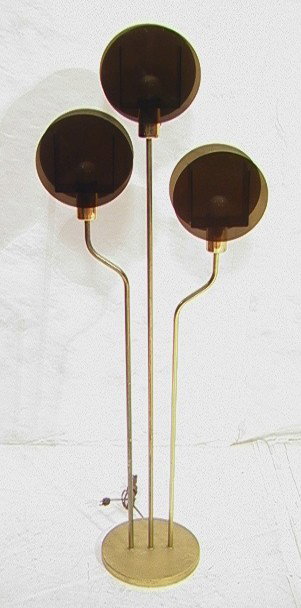70's Modern Brass and Smoked Lucite Floor Lamp.: 70's Modern Brass and Smoked Lucite Floor Lamp. Three shade top.-- Dimensions: H: 53 inches: W: 20 inches --- Condition (General): Some wear to metal. Please contact us with specific questions about c