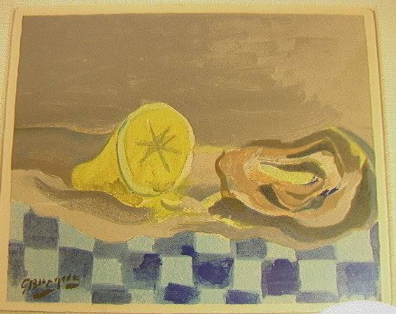 GEORGES BRAQUE Lithograph. Fruits on Checkerboard: GEORGES BRAQUE Lithograph. Fruits on Checkerboard Cloth. Signed in print. -- Dimensions: Image Size: H: 7.5 inches: W: 9.5 inches --- Condition (General): Framed and Matted under glass. Excellent cond