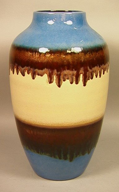 Large RAYMOR Italy Italian Floor Vase. Large Vase: Large RAYMOR Italy Italian Floor Vase. Large Vase with high glaze blue and brown drip design. Matte tan body. Vase marked Germany with Raymor paper label.-- Dimensions: H: 20 inches: W: 11 inches ---