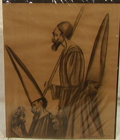 RAFAEL CORONEL, Mexico. Graphite Pencil Drawing.: RAFAEL CORONEL, Mexico. Graphite Pencil Drawing. VECTO/OLEO. Allegorical Drawing of Men with Tall Hats. Signed.-- Dimensions: Image Size: H: 47.5 inches: W: 39.5 inches --- Condition (General): Unfram