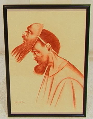 RAFAEL CORONEL, Mexico. Bearded Man with Mask. Re: RAFAEL CORONEL, Mexico. Bearded Man with Mask. Red Charcoal Portrait Drawing. Pencil Signed. -- Dimensions: Image Size: H: 26 inches: W: 19 inches --- Condition (General): Very Good Condition. Please