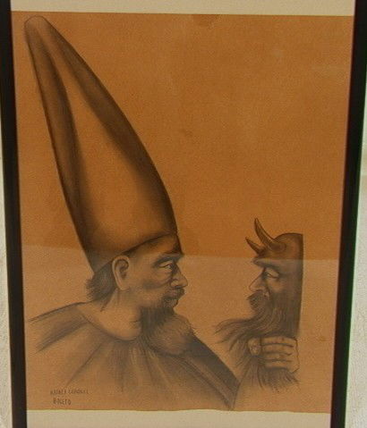 RAFAEL CORONEL, Mexico. BOCETO. Man with High Hat: RAFAEL CORONEL, Mexico. BOCETO. Man with High Hat looks at Horned Mask. Graphite Pencil Portrait Drawing. Pencil Signed & Titled. -- Dimensions: Image Size: H: 24 inches: W: 19 inches --- Condition (G