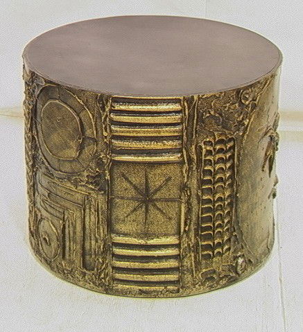 PAUL EVANS style DRUM TABLE. Drum form with heavy: PAUL EVANS style DRUM TABLE. Drum form with heavy applied Bronzed Gesso Finish. Unmarked-- Dimensions: H: 19 inches: W: 24 inches: D: 24 inches --- Condition (General): Very Good Condition. Please con