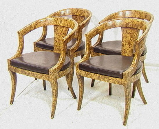 4 Decorator Regency KITTINGER Lacquer Dining Chai: 4 Decorator Regency KITTINGER Lacquer Dining Chairs. Oil Drop Lacquer finish. Brown Cushion Seats. Kittinger attribution.-- Dimensions: H: 31.5 inches: W: 22 inches: D: 23 inches --- Condition (Genera