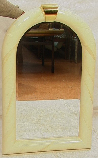 Carl Springer Style Wall Mirror. White Lacquer w: Carl Springer Style Wall Mirror. White Lacquer with brass top.-- Dimensions: H: 50 inches: W: 30 inches: D: 2.5 inches --- Condition (General): Very Good Condition. 1 inch dig to side. Please contact 