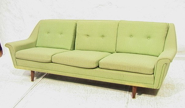 VEJEN Denmark by G. THAMS Modern Sofa Couch. Wide: VEJEN Denmark by G. THAMS Modern Sofa Couch. Wide Upholstered Arms. Three Seater. Rosewood Tapered Peg Legs. -- Dimensions: H: 28 inches: D: 34 inches: L: 86 inches --- Condition (General): Fading to 