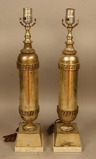 Pr Regency style Decorator Lamps. Manner of TOMMI: Pr Regency style Decorator Lamps. Manner of TOMMI PARZINGER. Greek Key Decoration.-- Dimensions: H: 22 inches: W: 4.5 inches --- Condition (General): Lots of wear to finish. No Harps. Please contact u