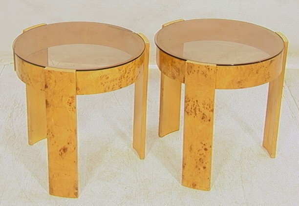 pr Burled Maple Laminate Side Drum Tables with Sm: pr Burled Maple Laminate Side Drum Tables with Smoked Glass Tops. Stacking Nesting.-- Dimensions: H: 16 inches: W: 16 inches: D: 16 inches --- Condition (General): Some wear & rubs to edges. Overall u