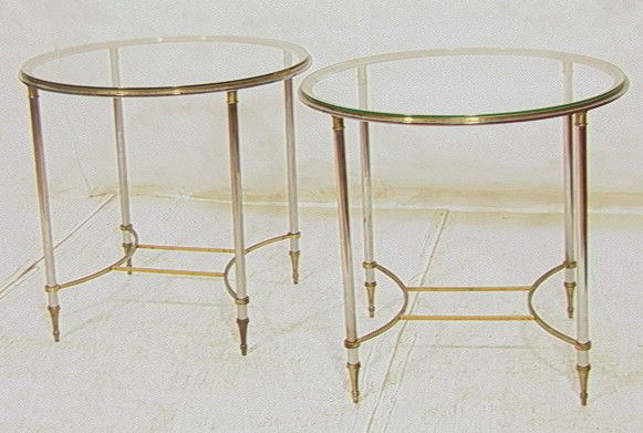 Pair Maison Jansen Style Occasional Tables. Bras: Pair Maison Jansen Style Occasional Tables. Brass and Chrome Directoire Tables. Glass tops.-- Dimensions: H: 27.25 inches: W: 30 inches --- Condition (General): Metal needs polishing some wear to bras