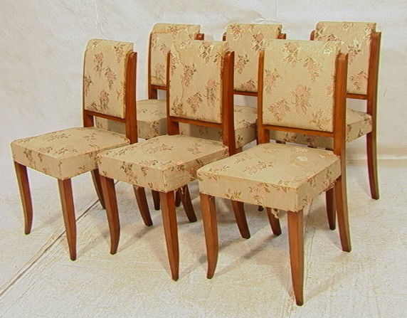 Set 6 French Deco Dining Chairs with Saber Legs.: Set 6 French Deco Dining Chairs with Saber Legs.-- Dimensions: H: 35.5 inches: W: 18 inches: D: 20 inches --- Condition (General): Upholstery stained and wood has finish wear and scratches. Please con