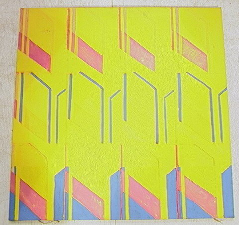 STUART EGNAL Oil Canvas Painting. Yellow with pin: STUART EGNAL Oil Canvas Painting. Yellow with pink and blue. Back marked 4 1964 STUART EGNAL. Unsigned.-- Dimensions: H: 28 inches: W: 28 inches --- Condition (General): Good Condition. Not framed. Pl