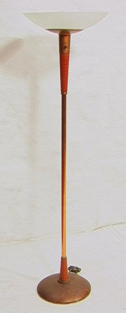 Fifties Modern Copper Tube Floor Lamp Torchiere.: Fifties Modern Copper Tube Floor Lamp Torchiere. Copper Rod with Painted Sections (possibly Bakelite). Original Glass Shade.-- Dimensions: H: 67 inches: W: 18 inches --- Condition (General): Scratches