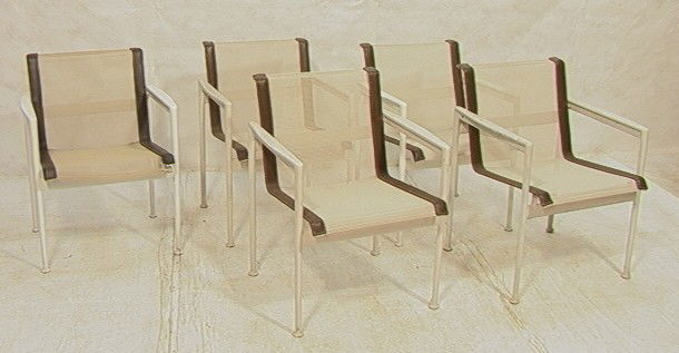 Set 5 RICHARD SCHULTZ Arm Chairs. White Mesh Fabr: Set 5 RICHARD SCHULTZ Arm Chairs. White Mesh Fabric on White Painted Frame. -- Dimensions: H: 29.5 inches: W: 23 inches: D: 24 inches --- Condition (General): Some losses to white paint on frame. One