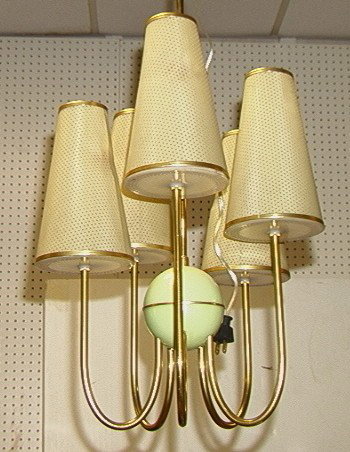 TOMMI PARZINGER style Brass & Metal Chandelier Ha: TOMMI PARZINGER style Brass & Metal Chandelier Hanging Light Fixture. Five Upward Brass Arms with Cone shaped shades. -- Dimensions: H: 49 inches: W: 13 inches --- Condition (General): Some bulb damag