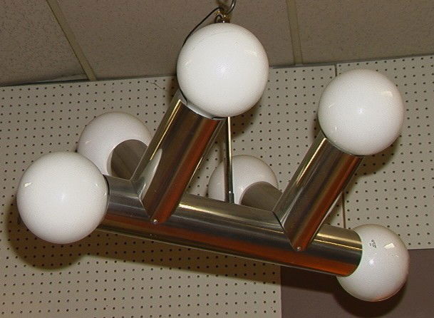 70's Modern Chrome 6 Bulb Hanging Lamp Chandelier: 70's Modern Chrome 6 Bulb Hanging Lamp Chandelier. Large Chrome tubes support White Ball Bulbs.-- Dimensions: H: 17 inches: W: 21 inches --- Condition (General): Minor pitting Please contact us with s