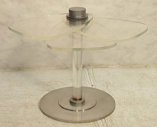 Lucite Aluminum 3 Petal Form Side Dining Table. C: Lucite Aluminum 3 Petal Form Side Dining Table. Circular Metal Base supports Thick Lucite Stem. Moveable acrylic petals.-- Dimensions: H: 30 inches --- Condition (General): Wear to base. Scratches to