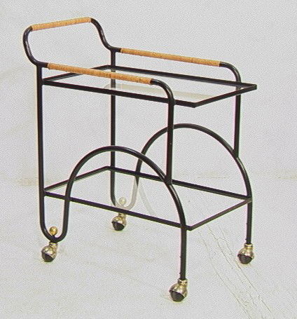 Weinberg Style Bar Cart Sever. Black tube frame: Weinberg Style Bar Cart Sever. Black tube frame with woven handles. Inset glass.-- Dimensions: H: 31 inches: W: 28 inches: D: 16.75 inches --- Condition (General): Very Good Condition. Please contact