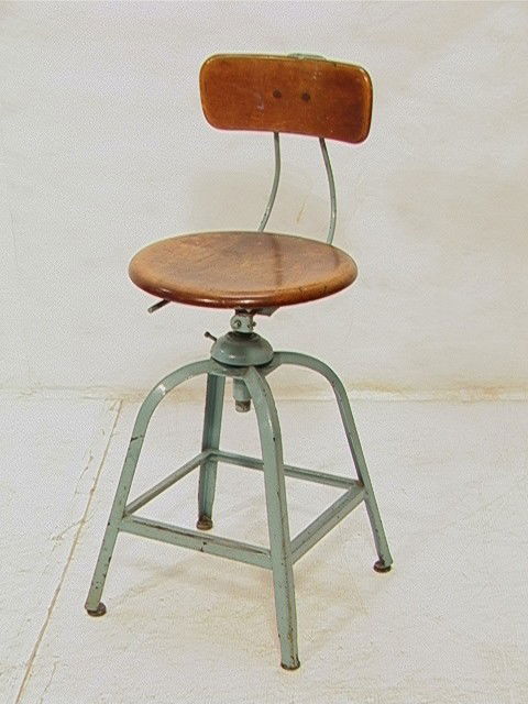Industrial Painted Steel Adjustable Stool with Wo: Industrial Painted Steel Adjustable Stool with Wood Seat. Marked Hallowell. Wood seat and back support. Adjustable. Painted blue metal.-- Dimensions: H: 36 inches: W: 15.5 inches: D: 17 inches --- Con