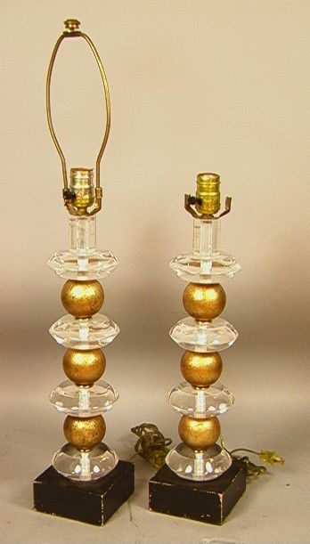 Pair of Lucite & Gilt Wood Column Table Lamps. 4: Pair of Lucite & Gilt Wood Column Table Lamps. 4 Lucite Saucer Discs with 3 Gold Gilt Wood Balls on Square Black Wooden Base. Unmarked Vintage Decorator Lights.-- Dimensions: H: 28.5 inches: W: 4.5 in