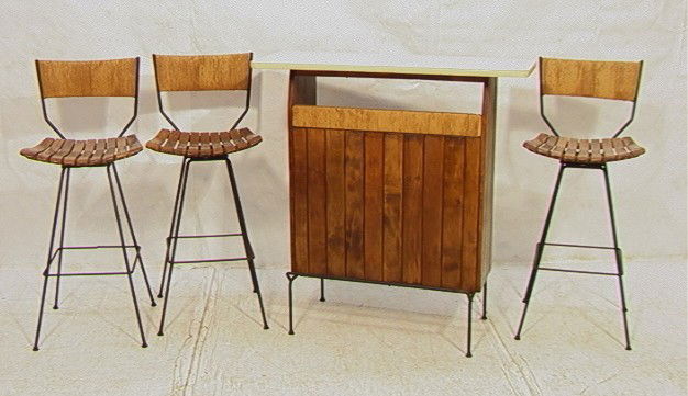 ARTHUR UMANOFF Bar & 3 Rush Back Stools. RAYMOR: ARTHUR UMANOFF Bar & 3 Rush Back Stools. 3 Swivel Bar Stools with Wood Slats, Woven Rush Backs & Black Hairpin Legs. Bar with Wood Slats, Rush Wrap, Laminate Top and Metal.-- Dimensions: --- Condition