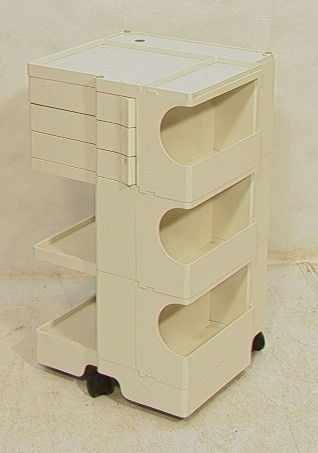 White JOE COLUMBO Bar Serving Cart. Swing Out Des: White JOE COLUMBO Bar Serving Cart. Swing Out Design. On wheels. Signed.-- Dimensions: H: 29 inches: W: 16 inches: D: 17 inches --- Condition (General): Dirty. Surface scratches & wear. Please contact