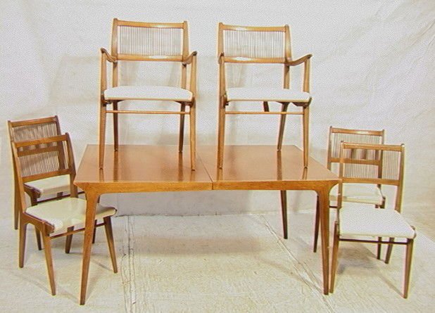 PROFILE by DREXEL Dining Set. Dining Table with 6: PROFILE by DREXEL Dining Set. Dining Table with 6 Chairs. Tall Back Chairs with Angled Legs. Dowel Chair Backs. Upholstered seats.-- Dimensions: --- Condition (General): Surface blemishes. Chairs have