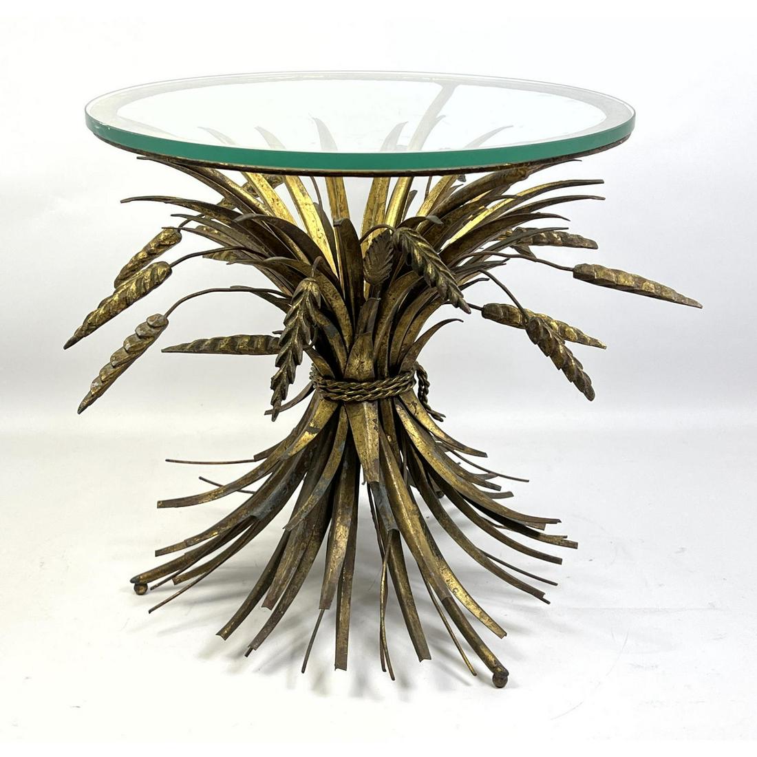 Gilt metal wheat sheaf table glass top end table. Italian. (1 of 9)