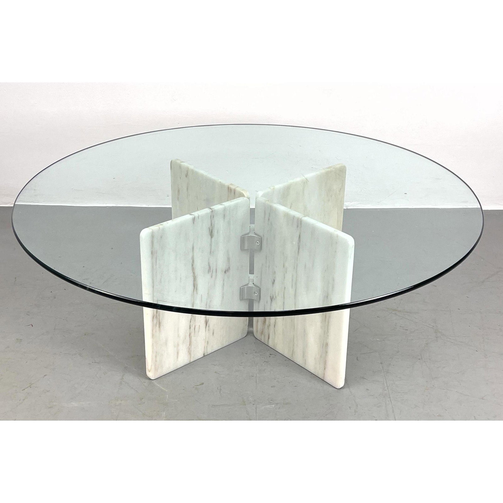 White Marble Base Glass Top Cocktail Coffee Table. Modernist Marble X Base with Chrome Joints. (1 of 11)