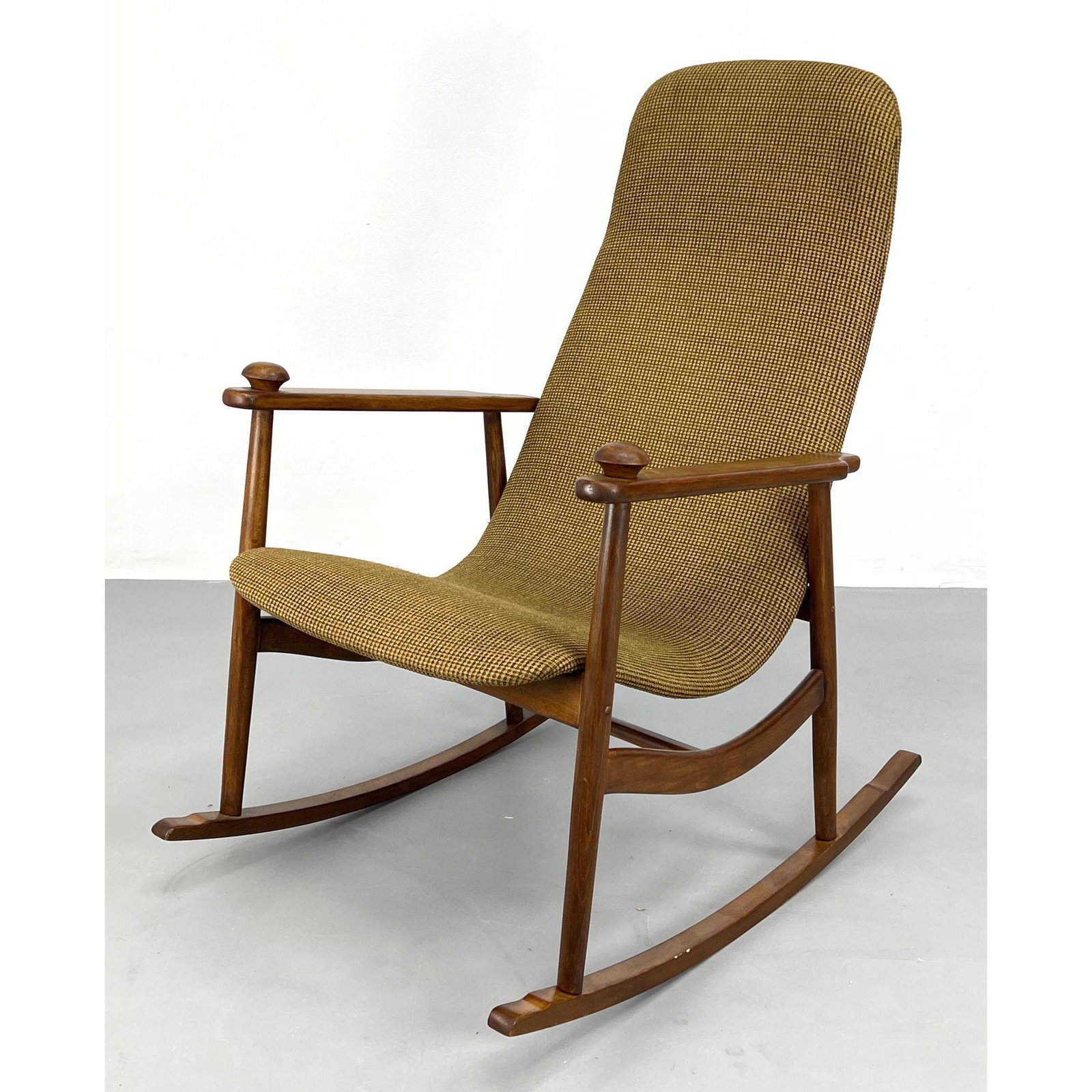 Modernist Open Arm Rocking Chair. Extended front leg with knob above arm. Rocker. (1 of 12)