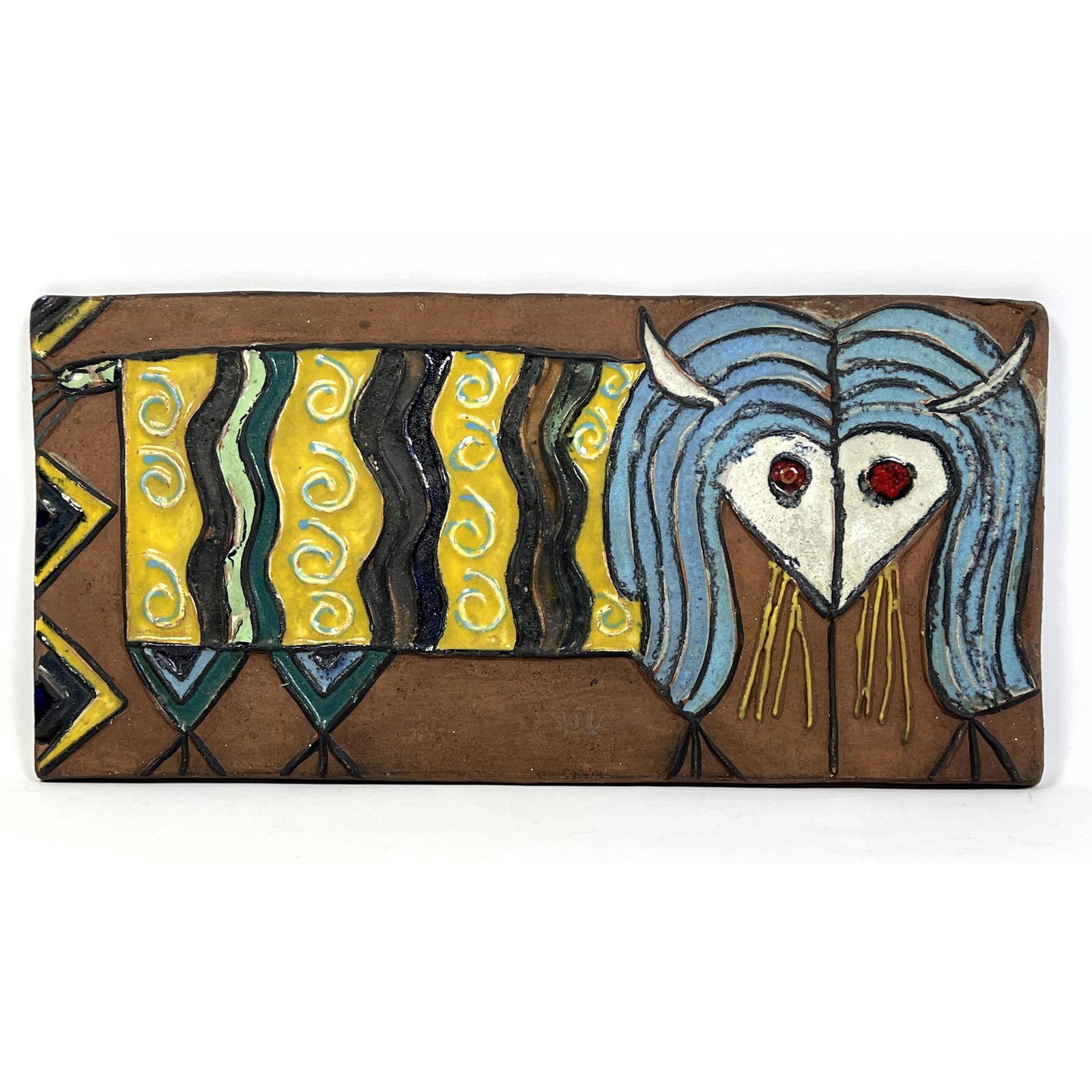Modernist Glazed Pottery Tile Plaque. "HARN" STRONG Colorful glazed Animal with Horns. (1 of 8)