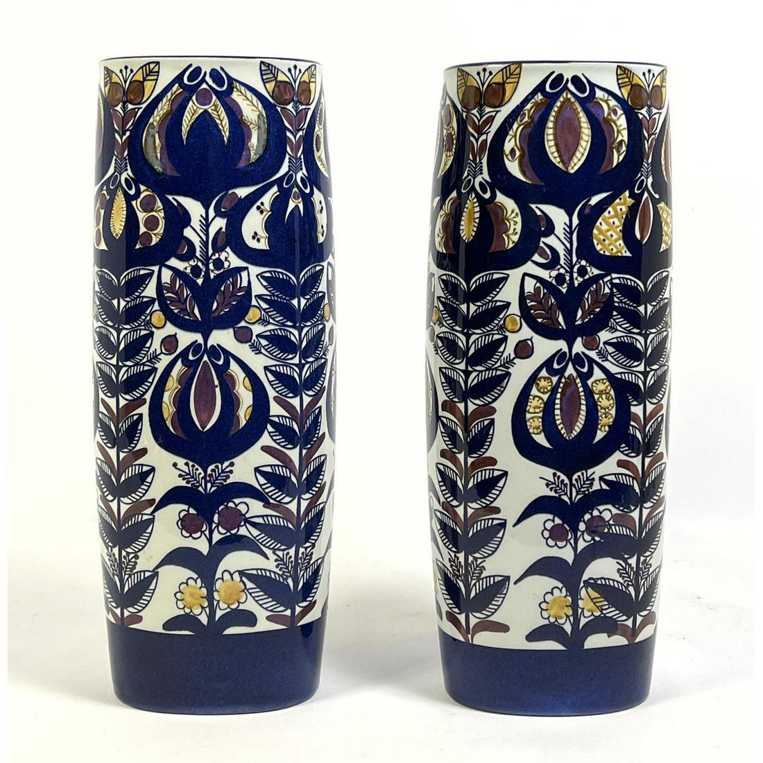 2pcs ROYAL COPENHAGEN 14" Tall Porcelain Vases. Hand Painted Cobalt Blue Floral Design with yellow a (1 of 10)