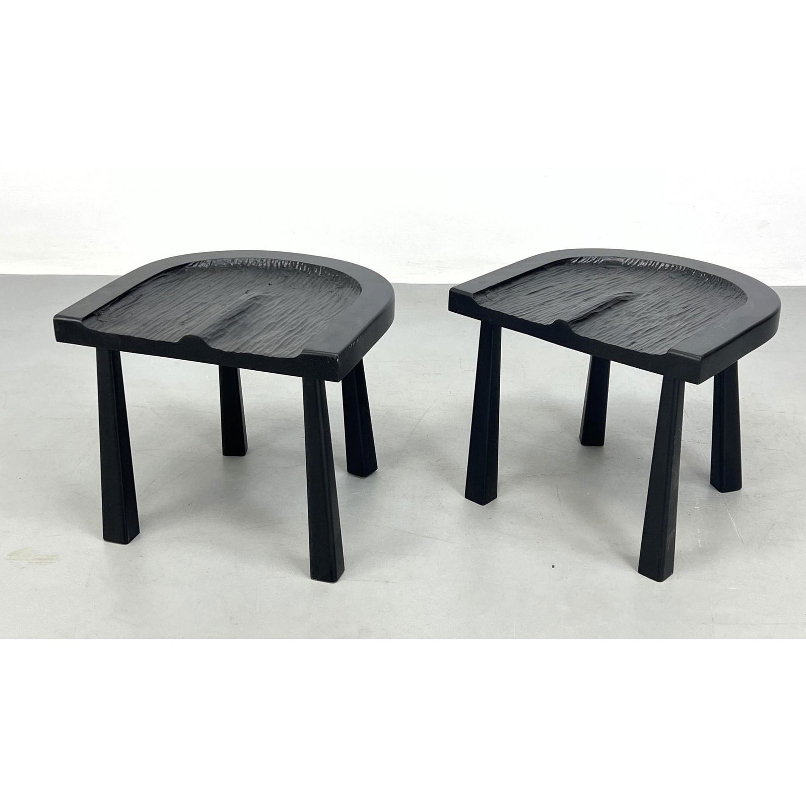 Pair Modernist Carved Seat Low Stools. Ebonized. (1 of 9)