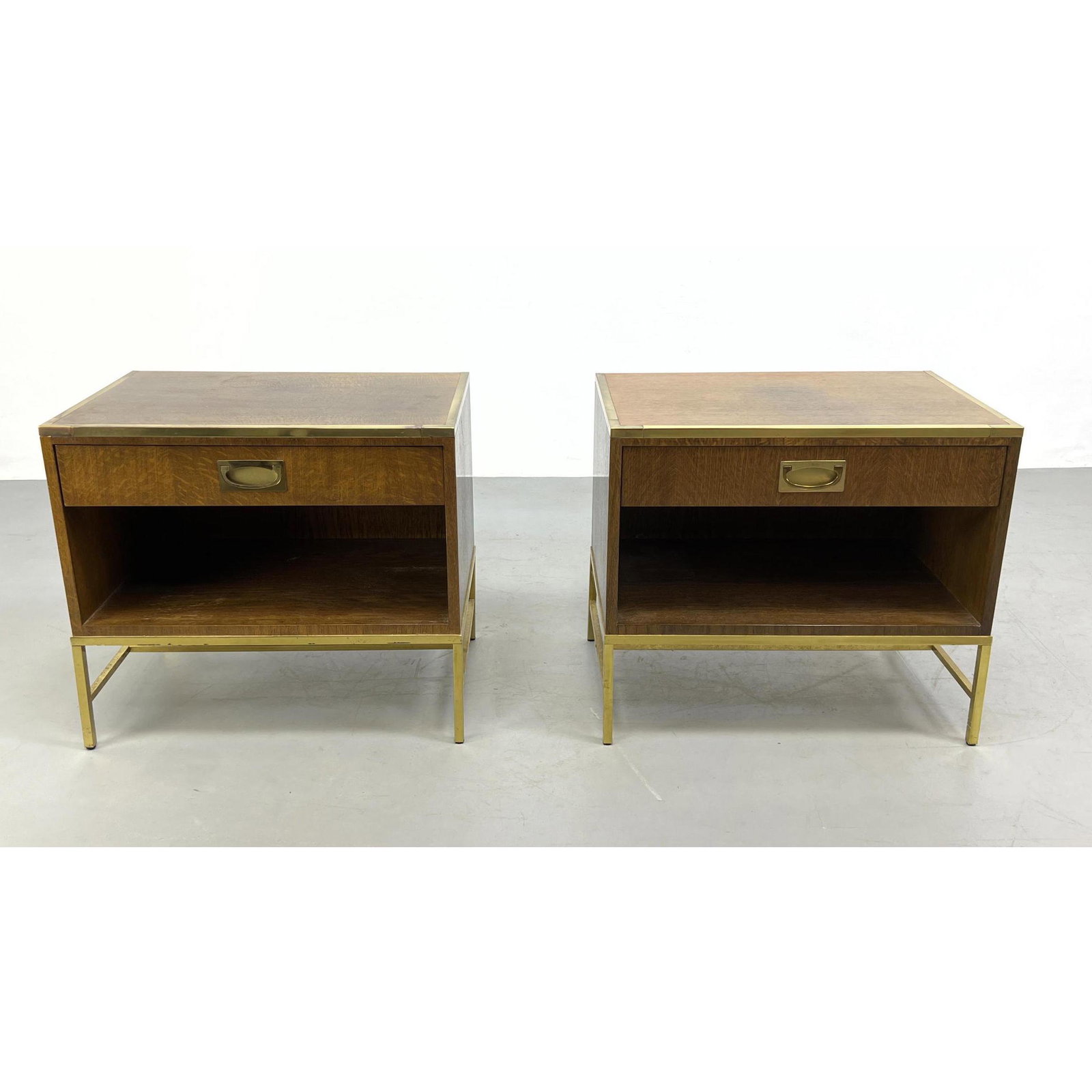 Pair Baker Brass Leg Side End Tables with 1 drawer. Campaign Style. (1 of 13)
