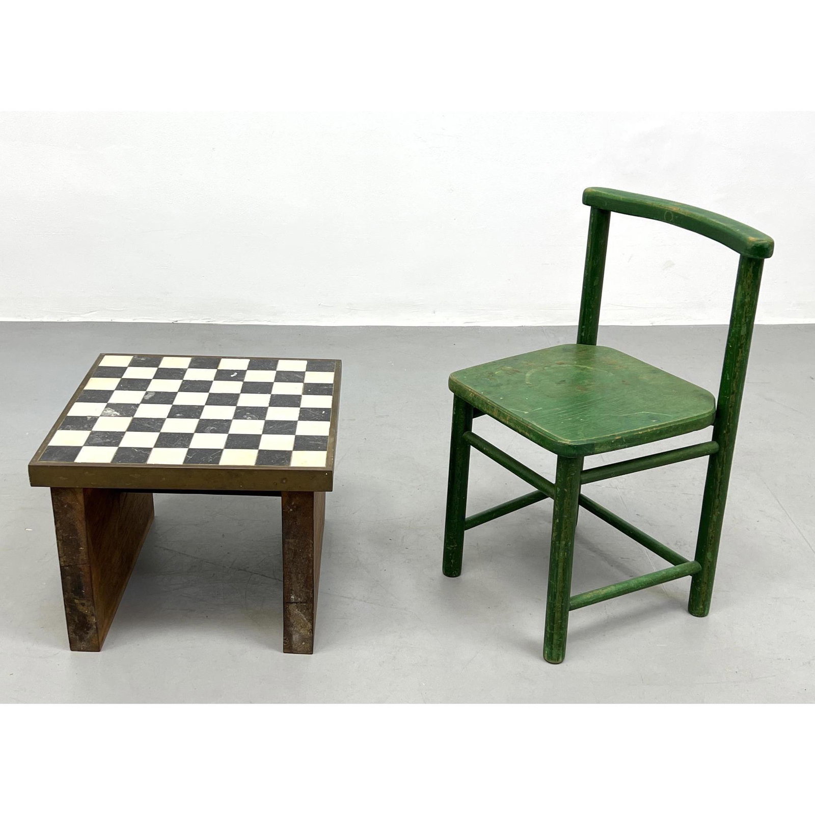 Marble and Brass checkered top Table w/ Diminutive Wood Chair Rustic. (1 of 19)