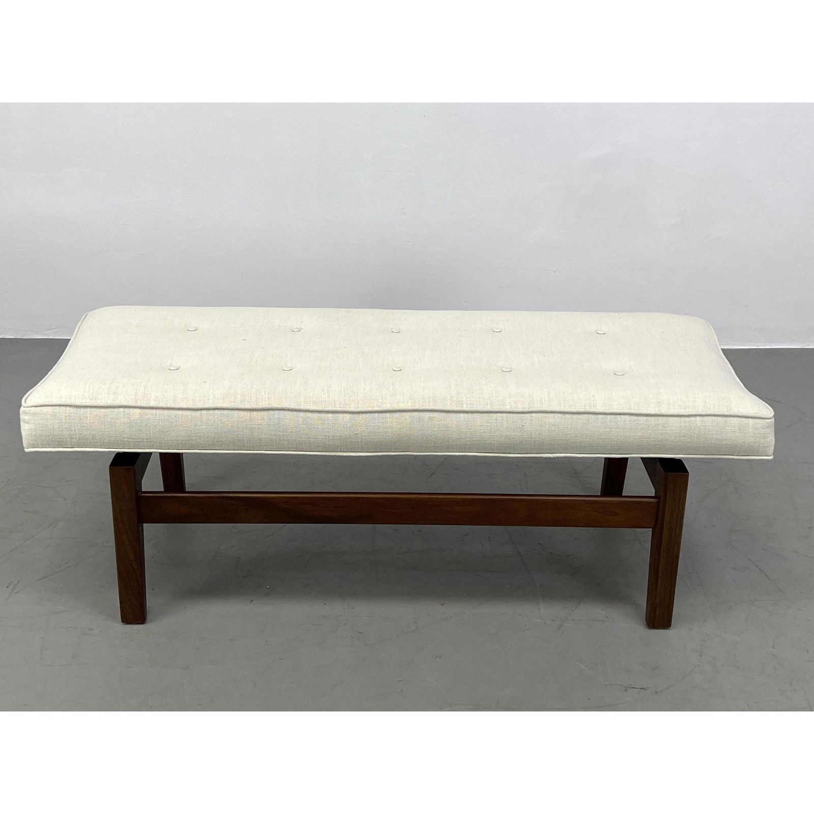 Jens Risom style American Modern Walnut Bench. Tufted Upholstered Seat Cushion. Not marked. A Design (1 of 8)