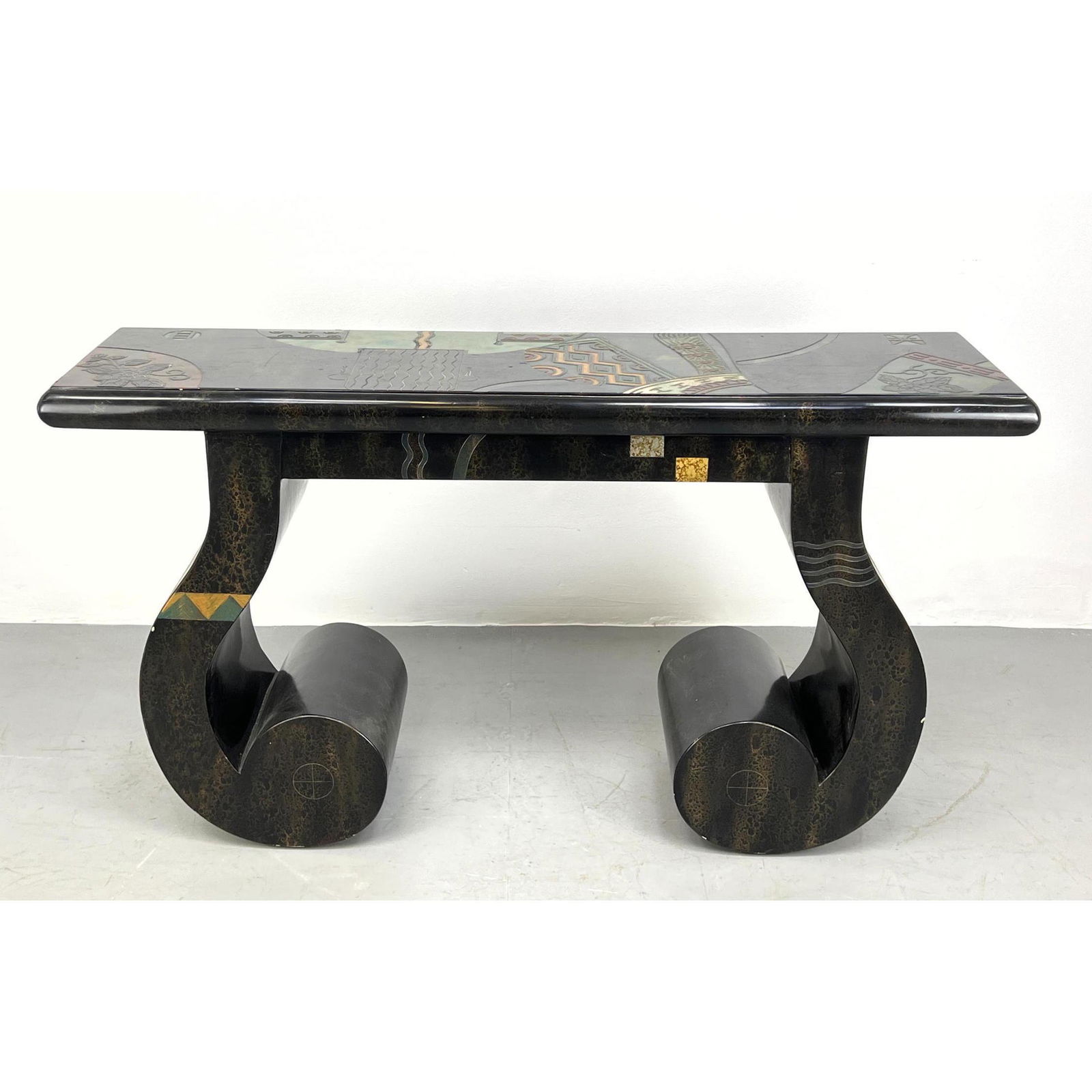Modern Painted Console Hall Table. Black form with decorative painted relief design. Asian inspired. (1 of 14)