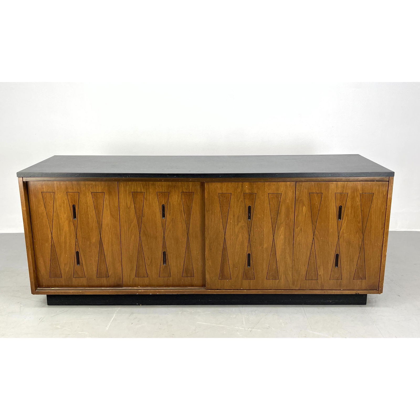 American Modern Four Sliding Door Credenza Sideboard Cabinet. . Doors have hourglass design details. (1 of 11)