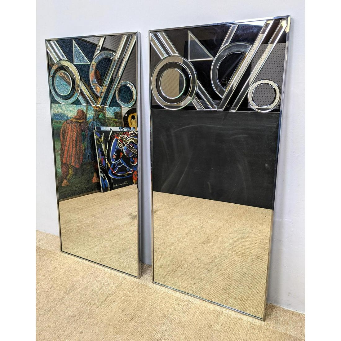 Pr Mirrored Glass Decorative Panels. Each with applied geometric beveled mirror  accents. Metal fram (1 of 10)