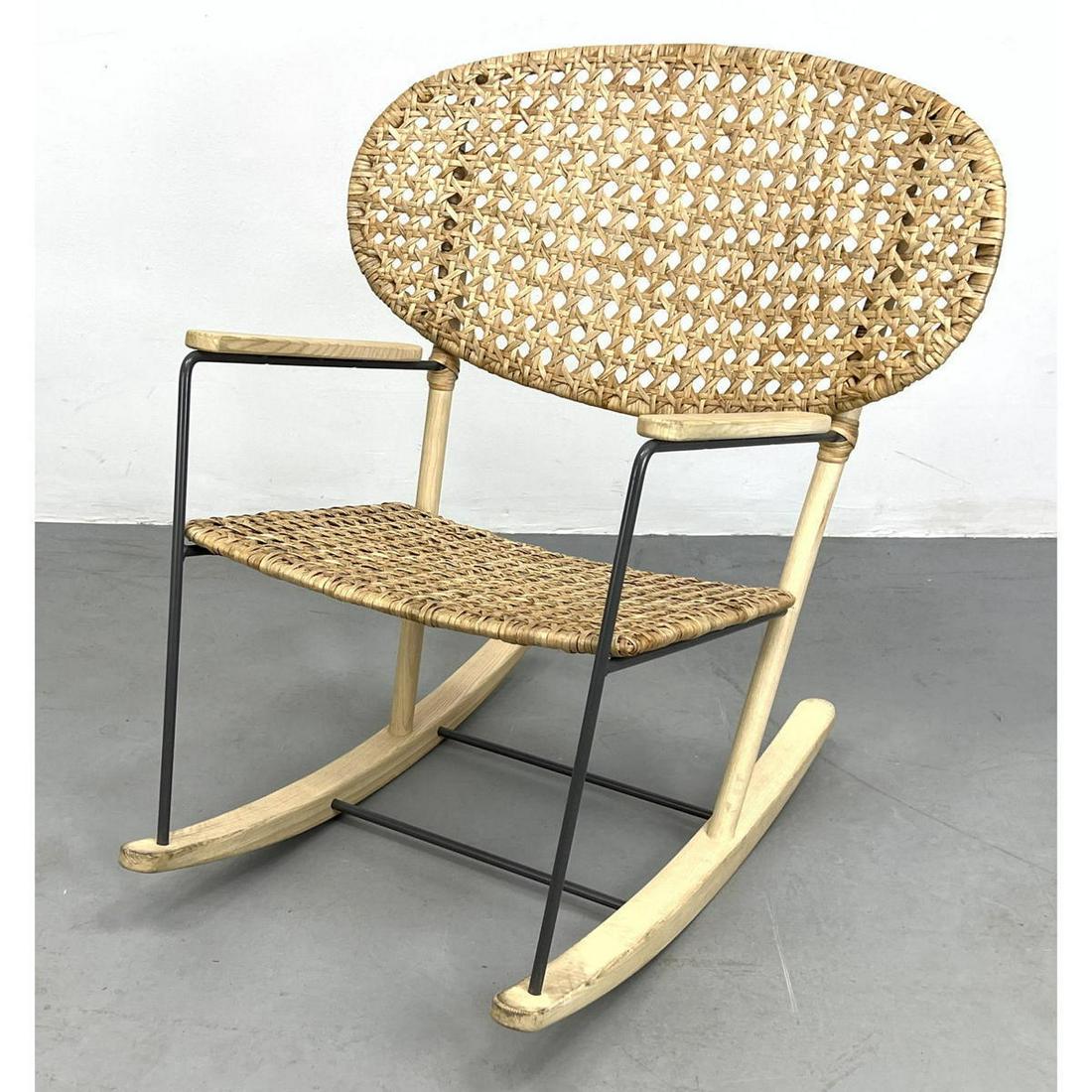 Modernist Rocking Chair. Wide Oval Woven Back Rest. Woven Seat. Hairpin iron frame on wood rockers. (1 of 10)