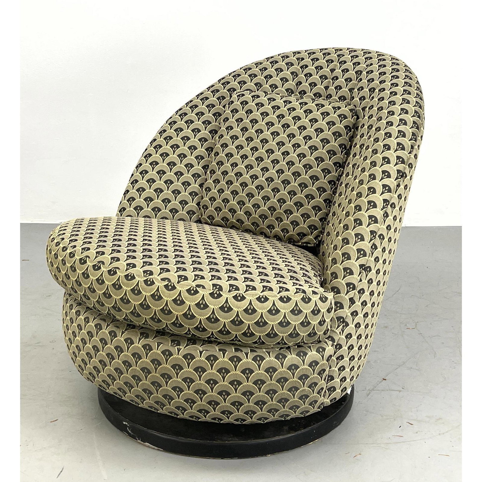Baughman Style Modernist Barrel Back Lounge Chair. Fish scale patterned upholstery.  Base has Spring (1 of 12)