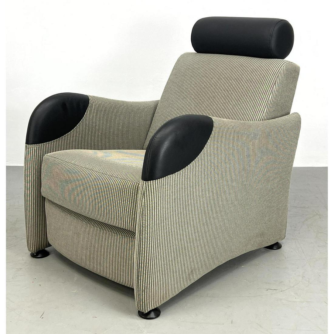 LIGNE ROSET Modernist Recliner Lounge Chair. Stylish Form with black accent arm and head rests. Stri: LIGNE ROSET Modernist Recliner Lounge Chair. Stylish Form with black accent arm and head rests. Striped black and white upholstery. Tagged. Made in France. Dimensions: H: 36 inches: W: 28 inches: D: 3