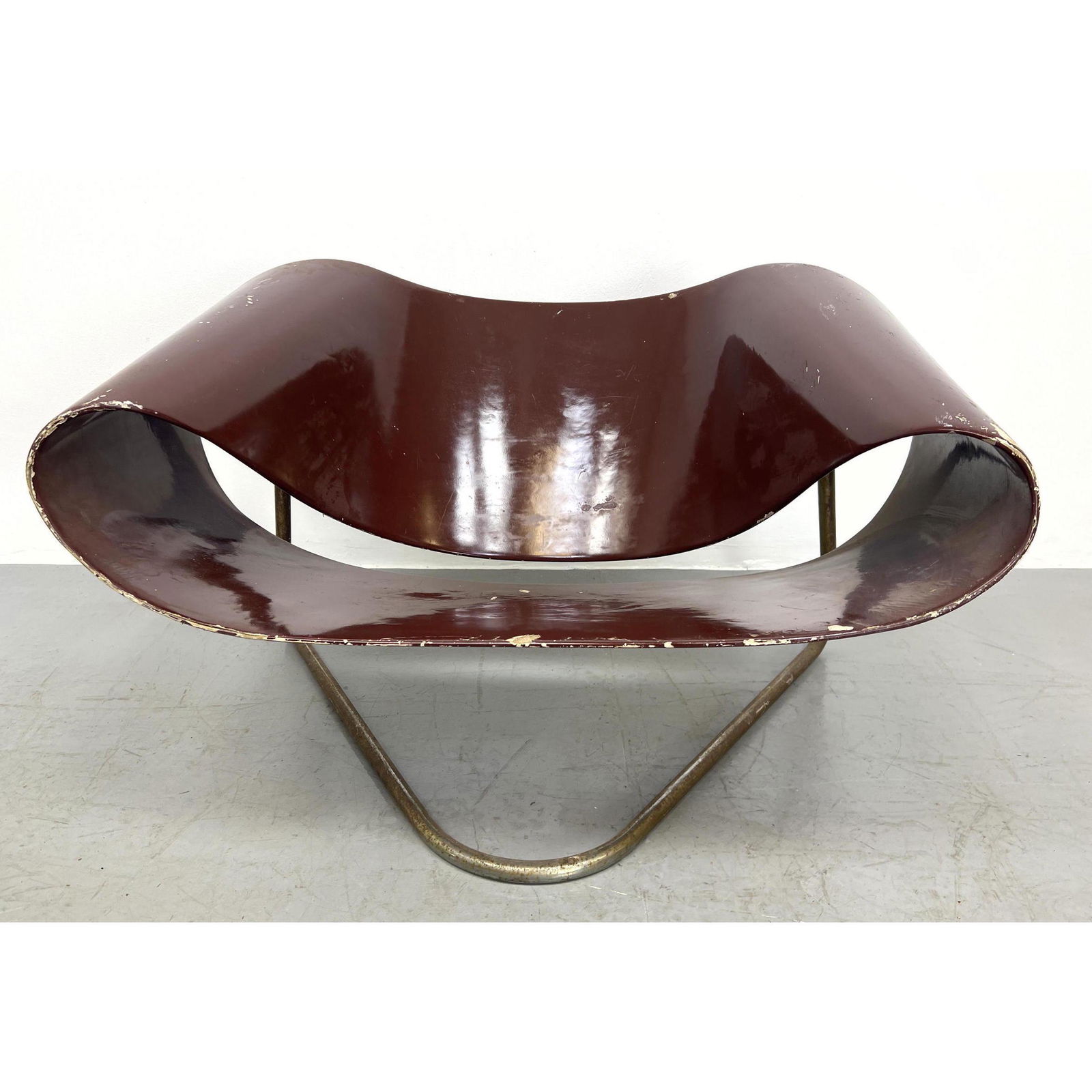 CESARE LEONARDI, FRANCA STAGI Molded Brown Ribbon Chair. Lacquered Fiberglass Ribbon Seat.  Chrome M (1 of 8)
