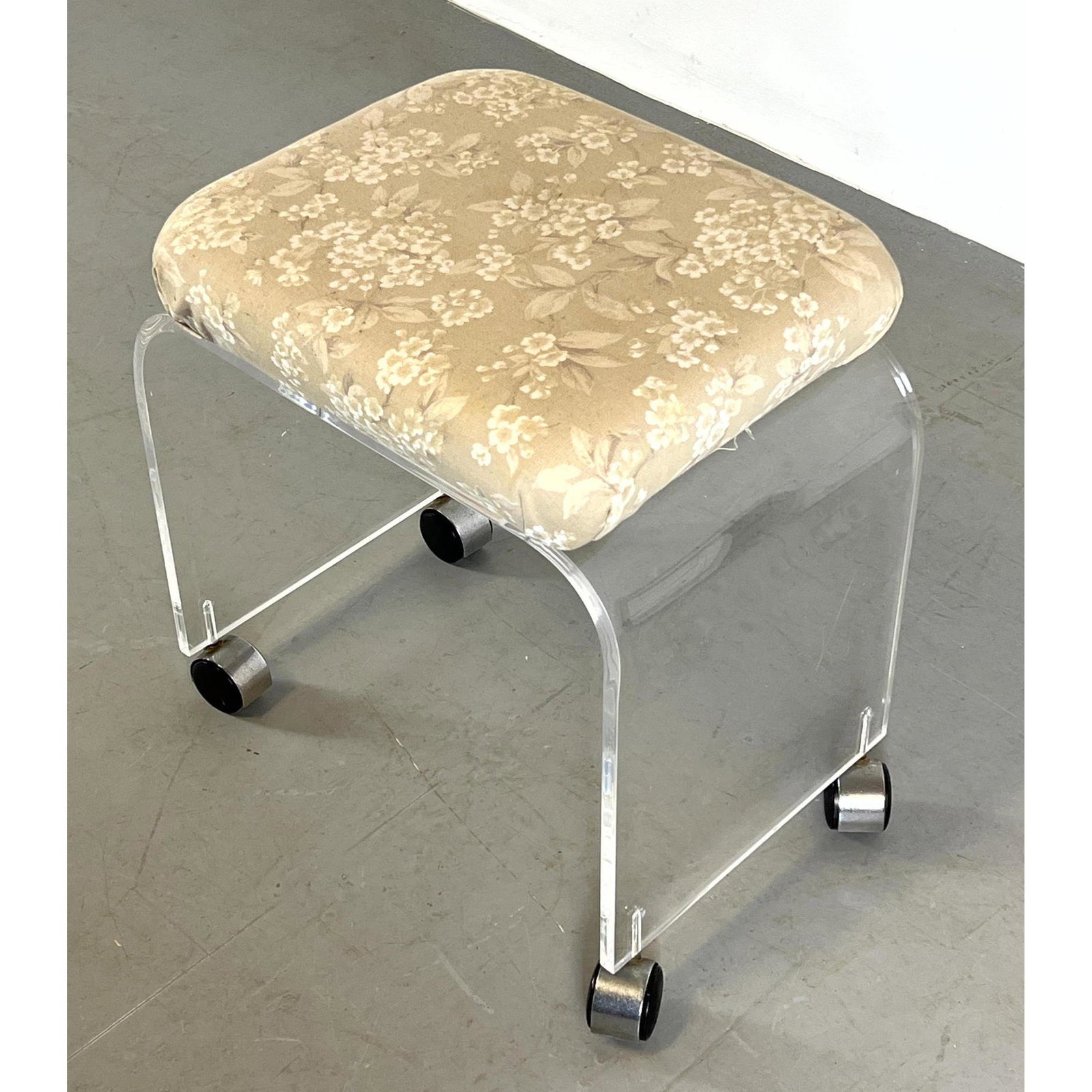 AKKO Modernist Lucite Vanity Stool. Upholstered cushion seat. Label. (1 of 9)